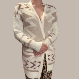 Cozy & Soft Aztec Style Cream and Brown Cardigan Open Front Sweater